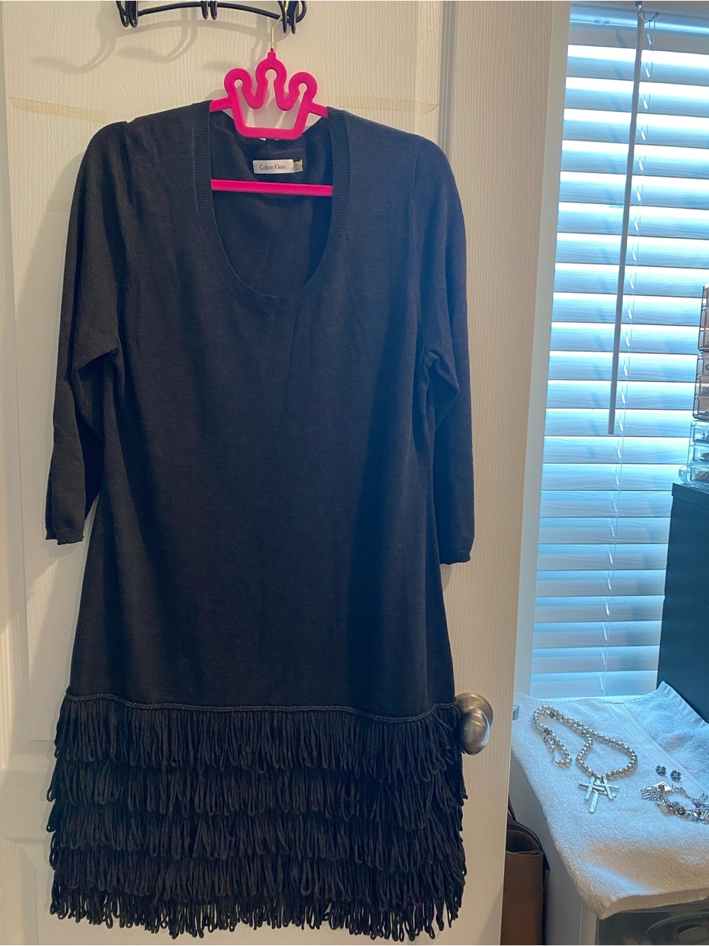 Calvin Klein Charcoal Knit Dress with Fringe Hem